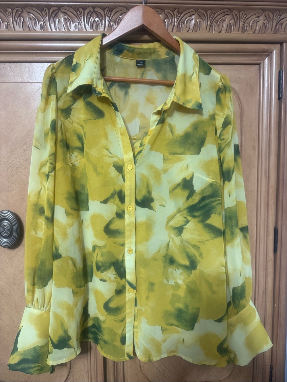 SHEIN Yellow Watercolor Floral Button-Up Blouse